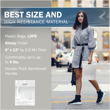 Load image into Gallery viewer, 100 Pack 9" x 12" with 2 mil Thick Double Reinforced Handles White Merchandise Bags