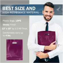 Load image into Gallery viewer, 200 Pack 12" x 15" with 1.5 mil Thick Purple Shopping Bags