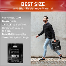 Load image into Gallery viewer, 100 Pack 12" x 18" with 2 mil Thick Extra Large Black Merchandise Plastic Retail Lang Thank You Bags