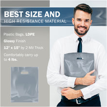 Load image into Gallery viewer, Silver Merchandise Plastic Shopping Bags - 100 Pack 12" x 15" with 2.0 mil Thick