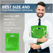Load image into Gallery viewer, 100 Pack 12" x 15" with 1.25 mil Thick Green Merchandise Plastic Glossy Retail Bags