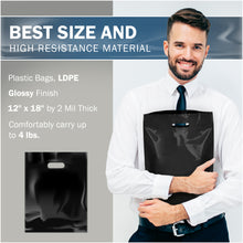 Load image into Gallery viewer, Black Merchandise Plastic Shopping Bags - 100 Pack 12" x 18" with 2 mil Thick