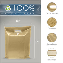 Load image into Gallery viewer, Gold Merchandise Plastic Shopping Bags - 100 Pack 12" x 18" with 2 mil Thick