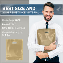 Load image into Gallery viewer, Gold Merchandise Plastic Shopping Bags - 100 Pack 12" x 18" with 2 mil Thick