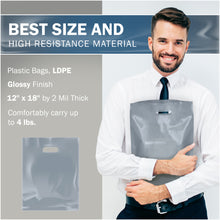 Load image into Gallery viewer, Silver Merchandise Plastic Shopping Bags - 100 Pack 12" x 18" with 2 mil Thick
