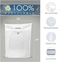 Load image into Gallery viewer, 100 Pack 12&quot; x 15&quot;  2 mil Thick Quality White Glossy Bags with Double Reinforced Handles