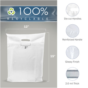 100 Pack 12" x 15"  2 mil Thick Quality White Glossy Bags with Double Reinforced Handles