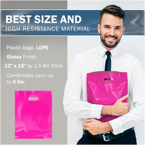 200 Pack 12" x 15" with 1.5 mil Thick Pink Shopping Bags