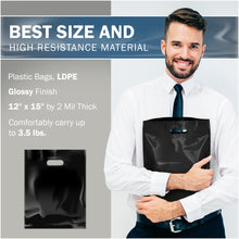 Load image into Gallery viewer, 100 Black Merchandise Bags 12 x 15 x 2 in. Plastic Shopping Bags by PPB