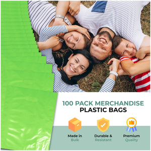 Green Merchandise Plastic Shopping Bags - 100 Pack 15" x 18" 1.25 mil Thick, 2 in Gusset