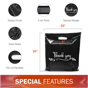 100 Pack 20" x 20" with 2 mil Thick Extra Large Black Merchandise Plastic Retail Lea Thank You Bags