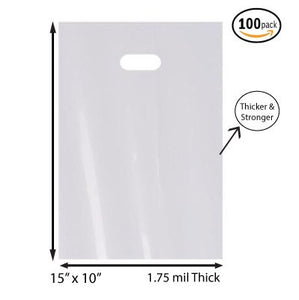100 Pack 10" x 15" with 1.75 mil Thick White Merchandise Plastic Glossy Retail Bags