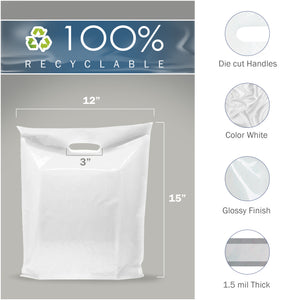 White Merchandise Plastic Shopping Bags - 100 Pack 12" x 15"with 1.5 mil Thick