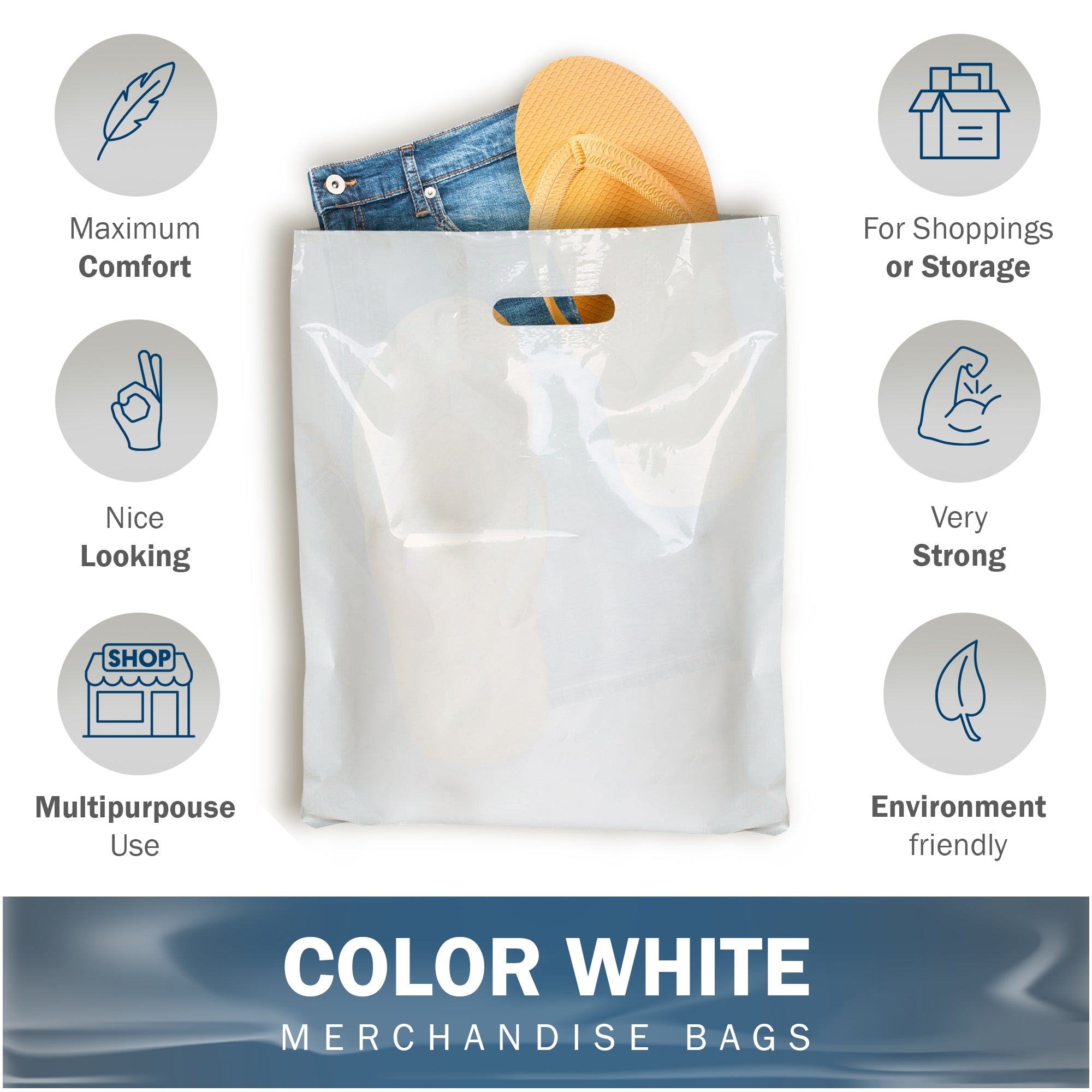 White Merchandise Plastic Shopping Bags - 100 Pack 12 x 15with 1.25 Mil Thick | Die