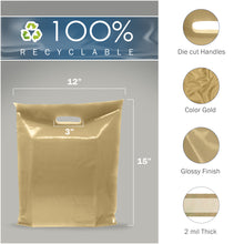 Load image into Gallery viewer, Gold Merchandise Plastic Shopping Bags - 100 Pack 12&quot; x 15&quot; with 2.0 mil Thick
