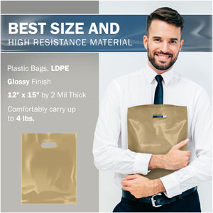 Gold Merchandise Plastic Shopping Bags - 100 Pack 12" x 15" with 2.0 mil Thick