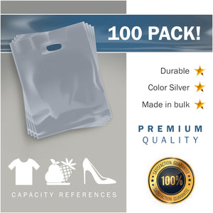 Silver Merchandise Plastic Shopping Bags - 100 Pack 12" x 15" with 2.0 mil Thick