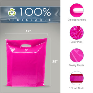 100 Pack 12" x 15" with 1.5 mil Thick Pink Merchandise Plastic Glossy Retail Bags