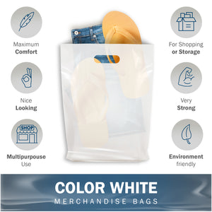 White Merchandise Plastic Shopping Bags - 100 Pack 12" x 15"with 1.25 mil Thick