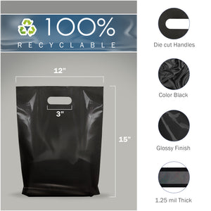 100 Pack 12" x 15" with 1.25 mil Thick Extra Large Black Merchandise Plastic Retail Lang Thank You Bags