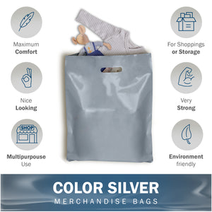 Silver Merchandise Plastic Shopping Bags - 100 Pack 12" x 18" with 2 mil Thick