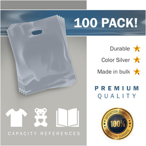 Silver Merchandise Plastic Shopping Bags - 100 Pack 12" x 18" with 2 mil Thick