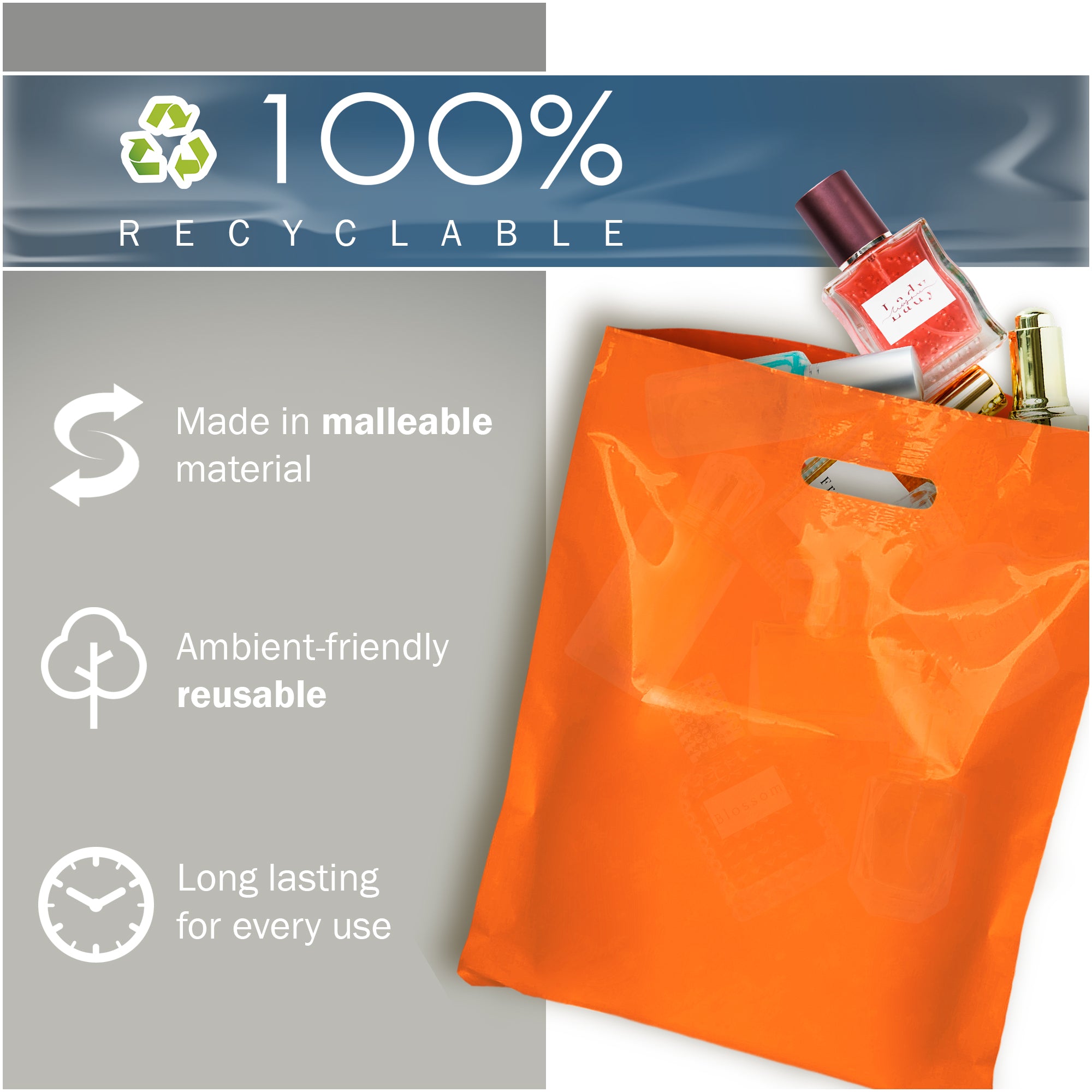 Orange Merchandise Plastic Shopping Bags - 100 Pack 12 x 15 with 1.5 Mil Thick - Die Cut Handles - Perfect for Retail, Party Favors, Birthdays